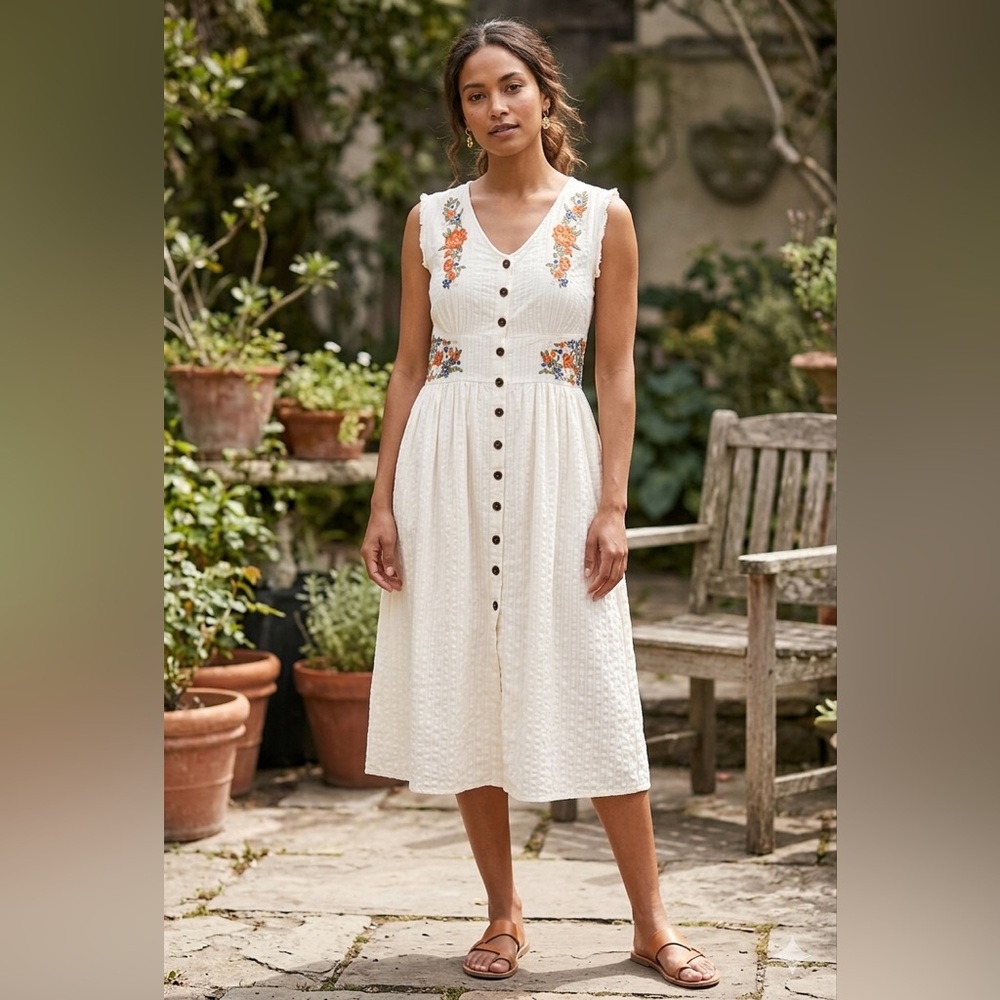 Woman Cotton V Neck Embroidered Midi Button‎ Boho Ivory  Dress
